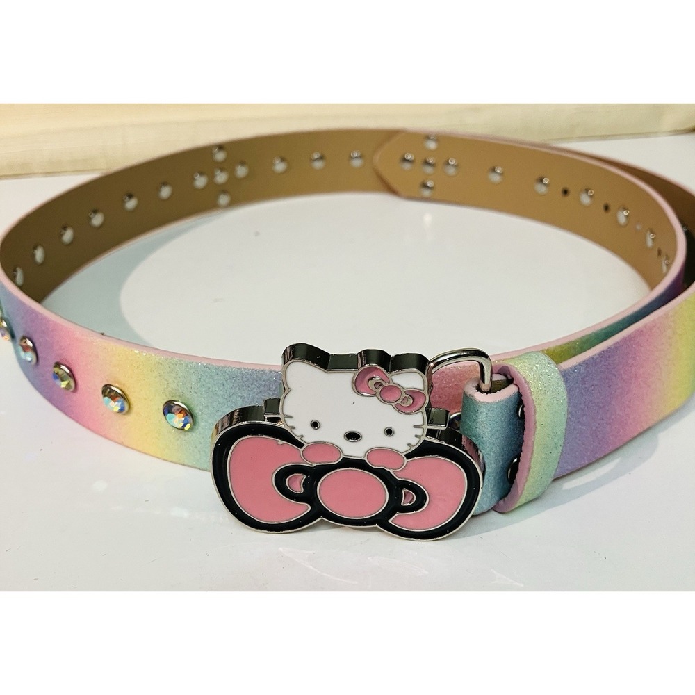 hello kitty belt Faux Leather Rainbow Belt With White Kitty And Pink Bow